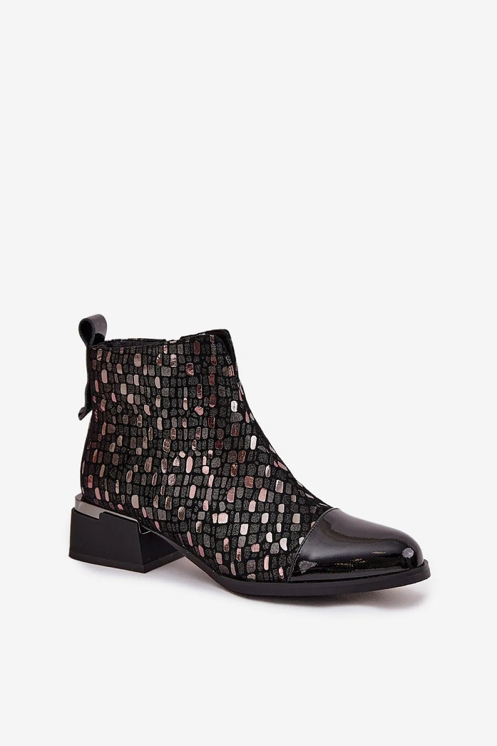 bottines cuir verni daim naturel brillante tige scintillante talon bloc stable hauteur moyenne doublure fourrure chaude automne hiver confort élégant