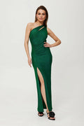 Robe de soirée asymétrique longue épaule nue une bretelle fente haute vert émeraude femme élégance occasion spéciale