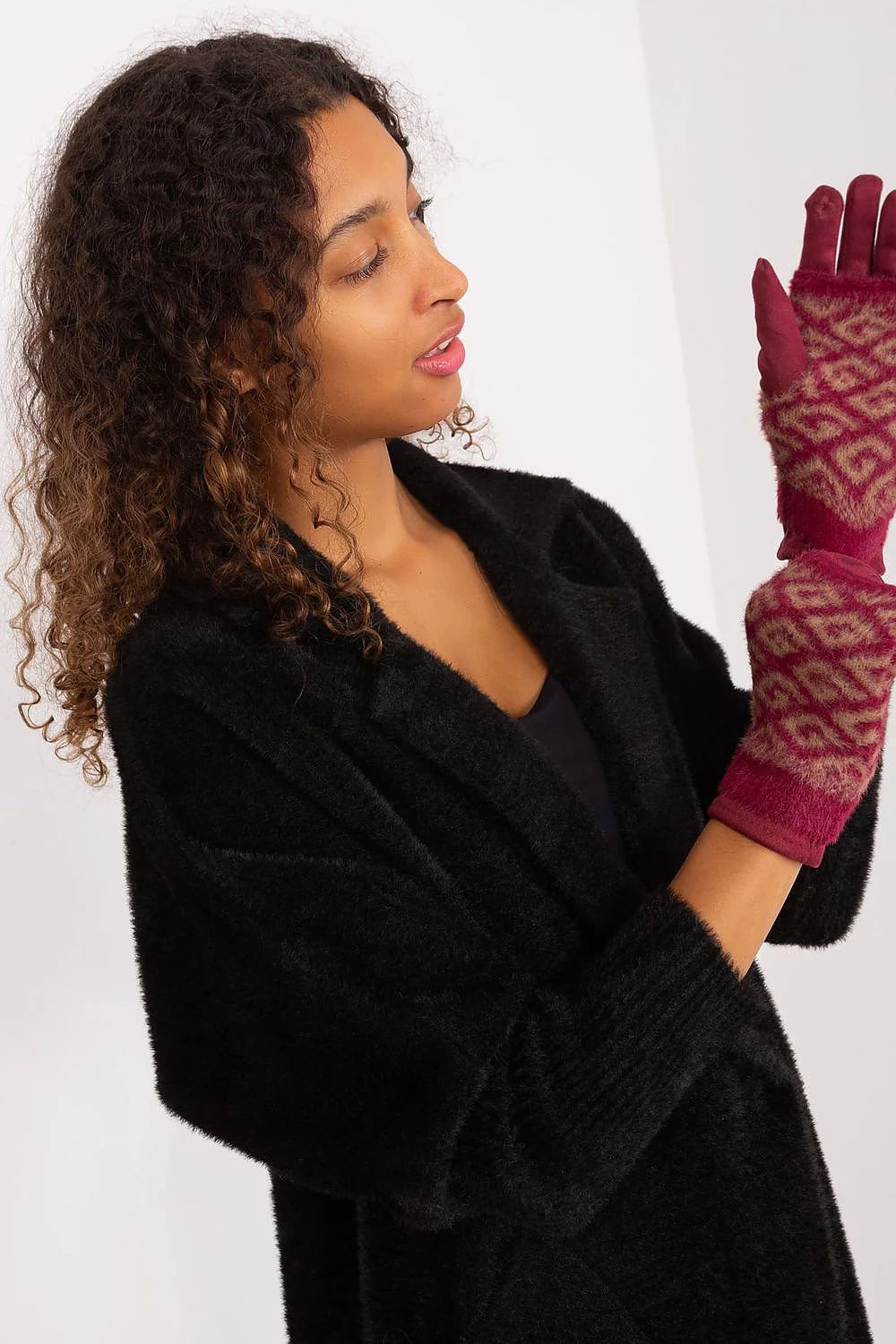 Gants femme élégants en coton laine polyester bordeaux motif jacquard