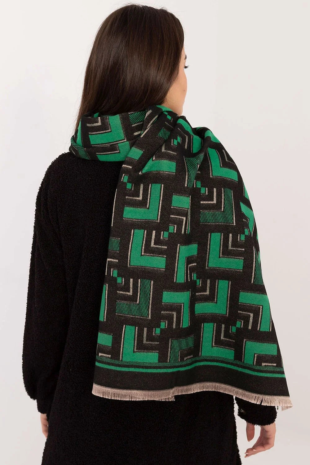 Écharpe pour femme en viscose et laine motif géométrique vert vif et noir pompons légers