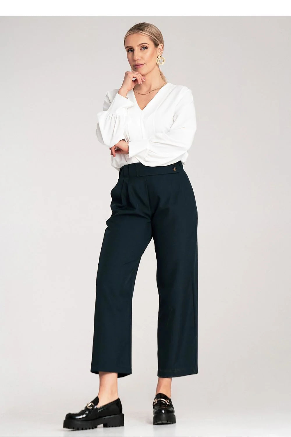 Pantalon femme élégant large taille haute avec boutons détails plis polyester élasthanne 5% couleur bleu marine foncé