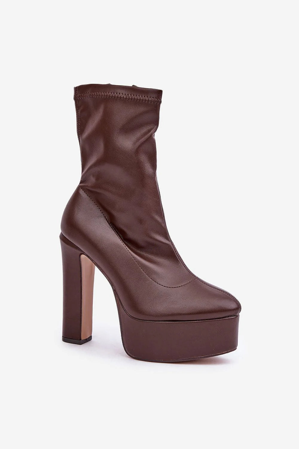 bottes montantes talons épaisses bloc plateformes compensées cuir synthétiques marron lisses design moderne rétro bout amande tige mi mollet