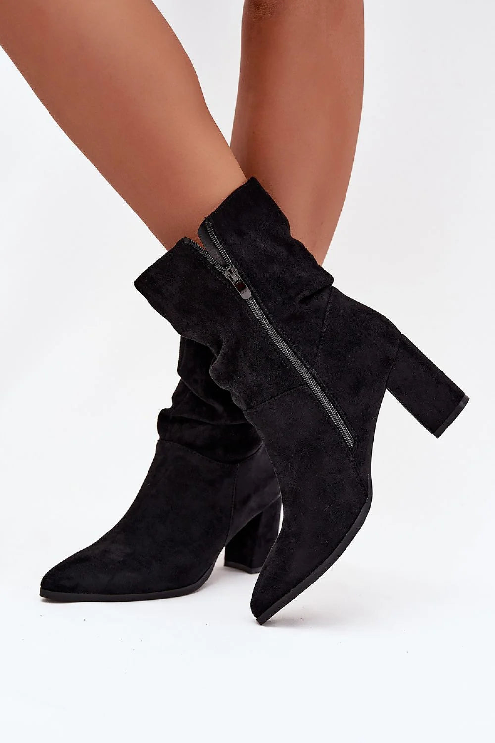 bottines femme suédine écologique noir talon colonne moyen bout pointu tige froncée fermeture zippée doublure polaire confortable élégante polyvalente automne