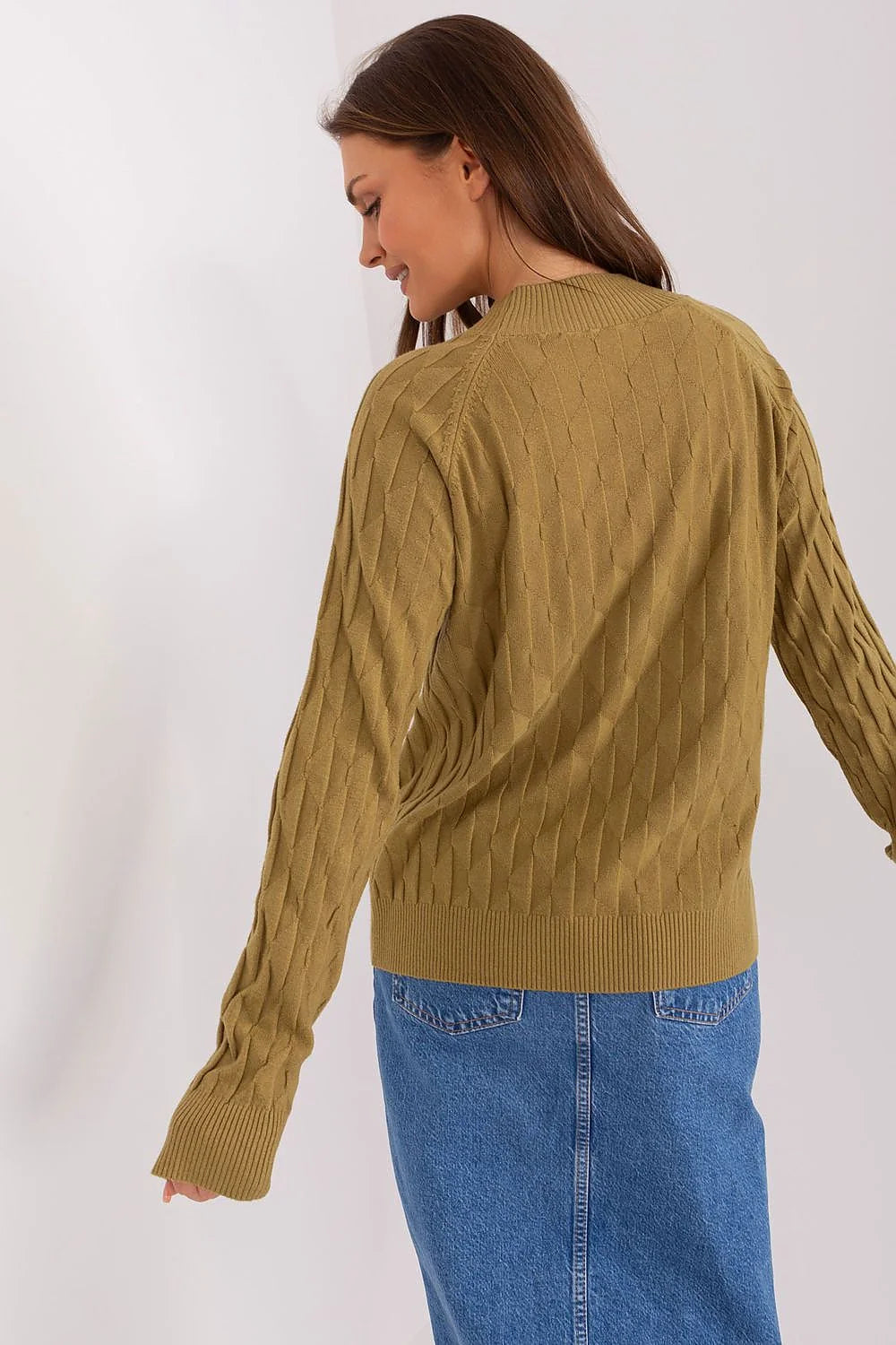 Pull femme élégant kaki motif losanges manches longues col rond coton laine style intemporel confort