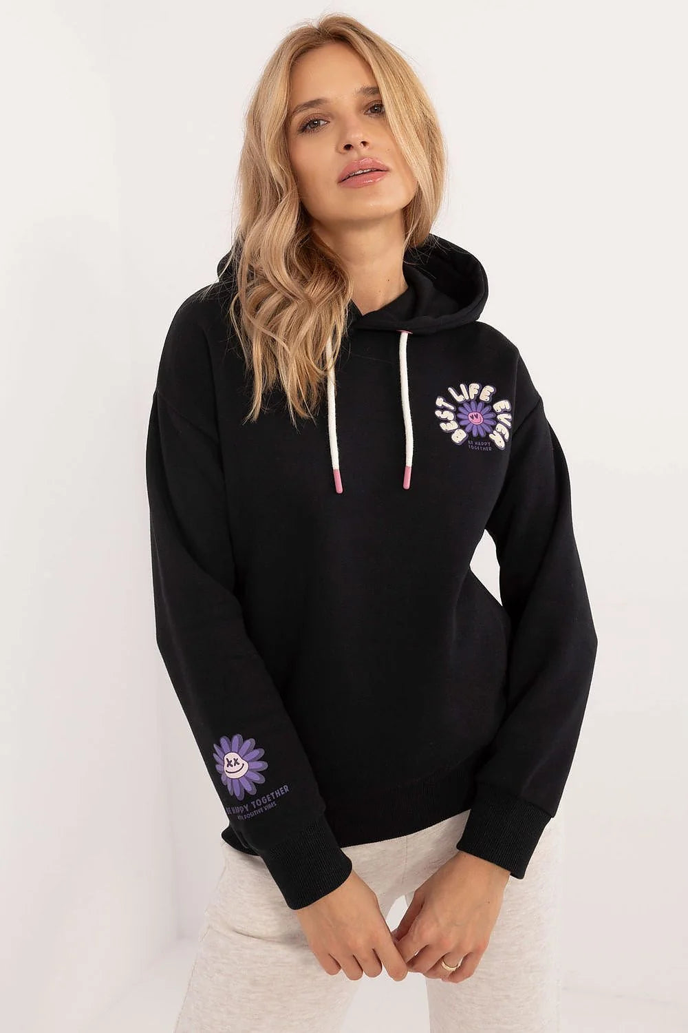 Sweatshirt Sublevel pour femme, capuche, motifs floraux violet et rose, coton polyester, manches longues, coupe ample, style casual urbain