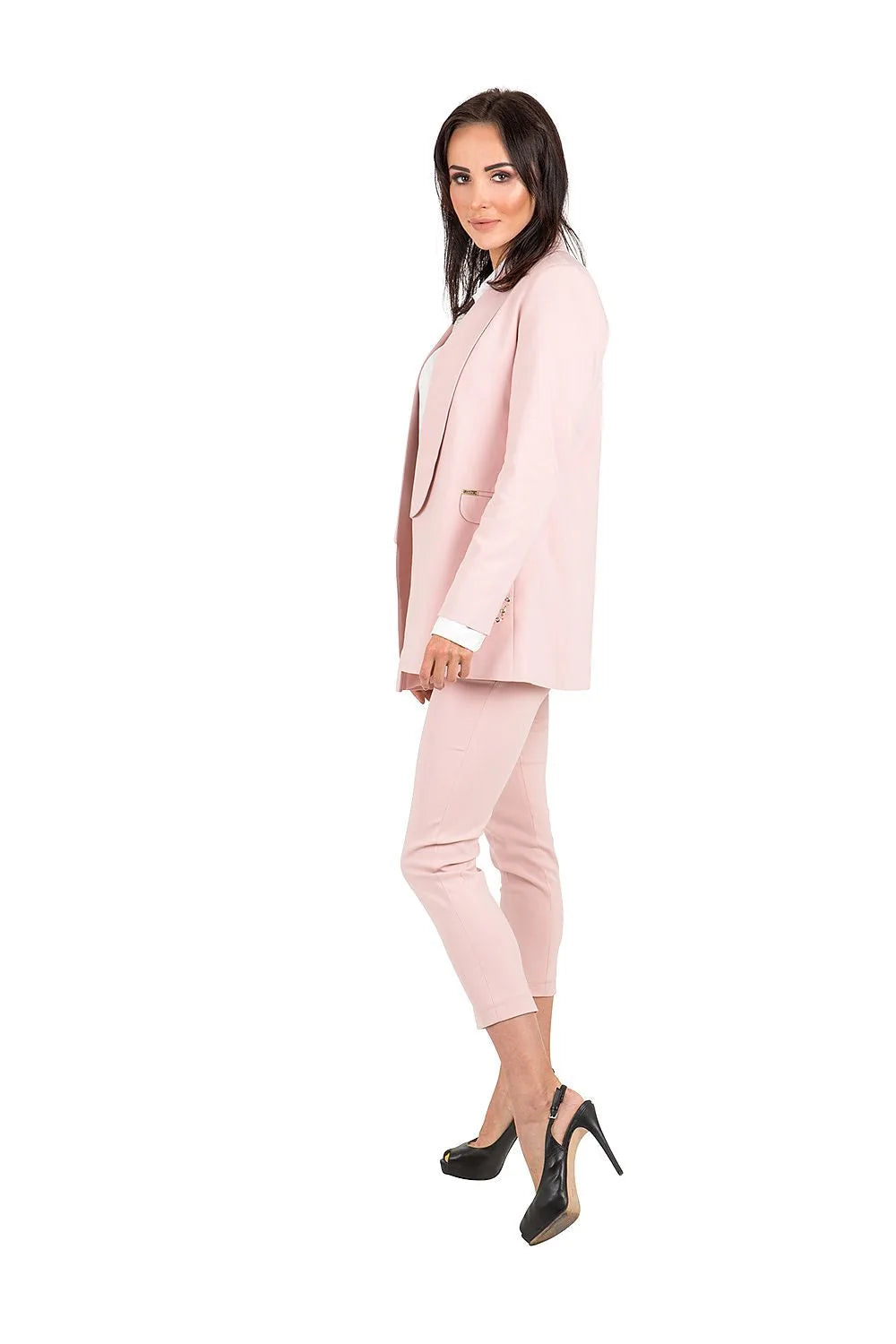 Veste et pantalon tailleur pour femme style professionnel élégant rose pâle matière légère extensible