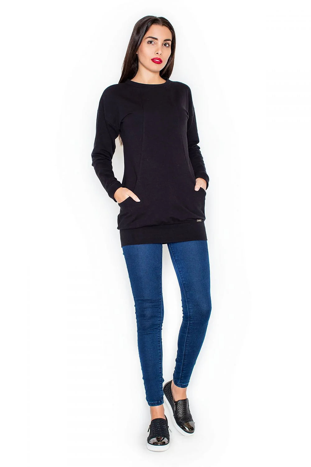 Sweatshirt coton décontracté rose vif manches longues Jean slim look confort moderne féminin casual