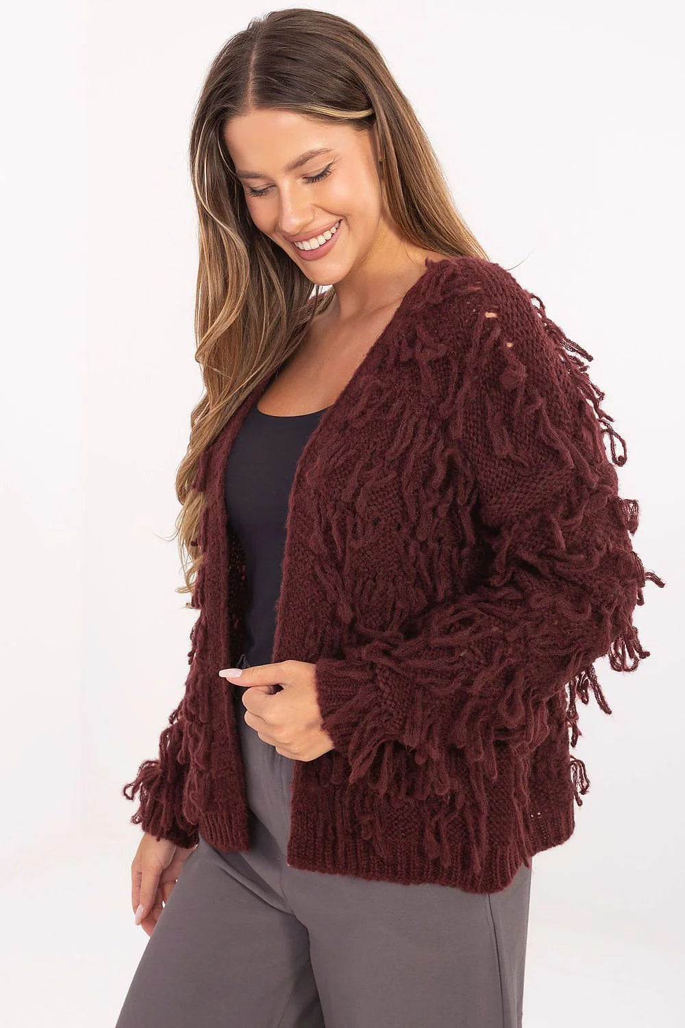 cardigan femme oversize bordeaux maille épaisse duveteuse bouclée shaggy franges moelleuse mancheslongues colV ouvert tailleunique automne hiver
