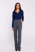 pantalon femme élégant raffiné taille haute jambe évasée gris anthracite tissu noble doux toucher finition soignée coutures discrètes poches latérales