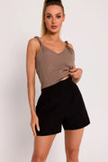 Set été féminin débardeur bretelles nouées short taille haute coupe droite tissu léger marron taupe noir