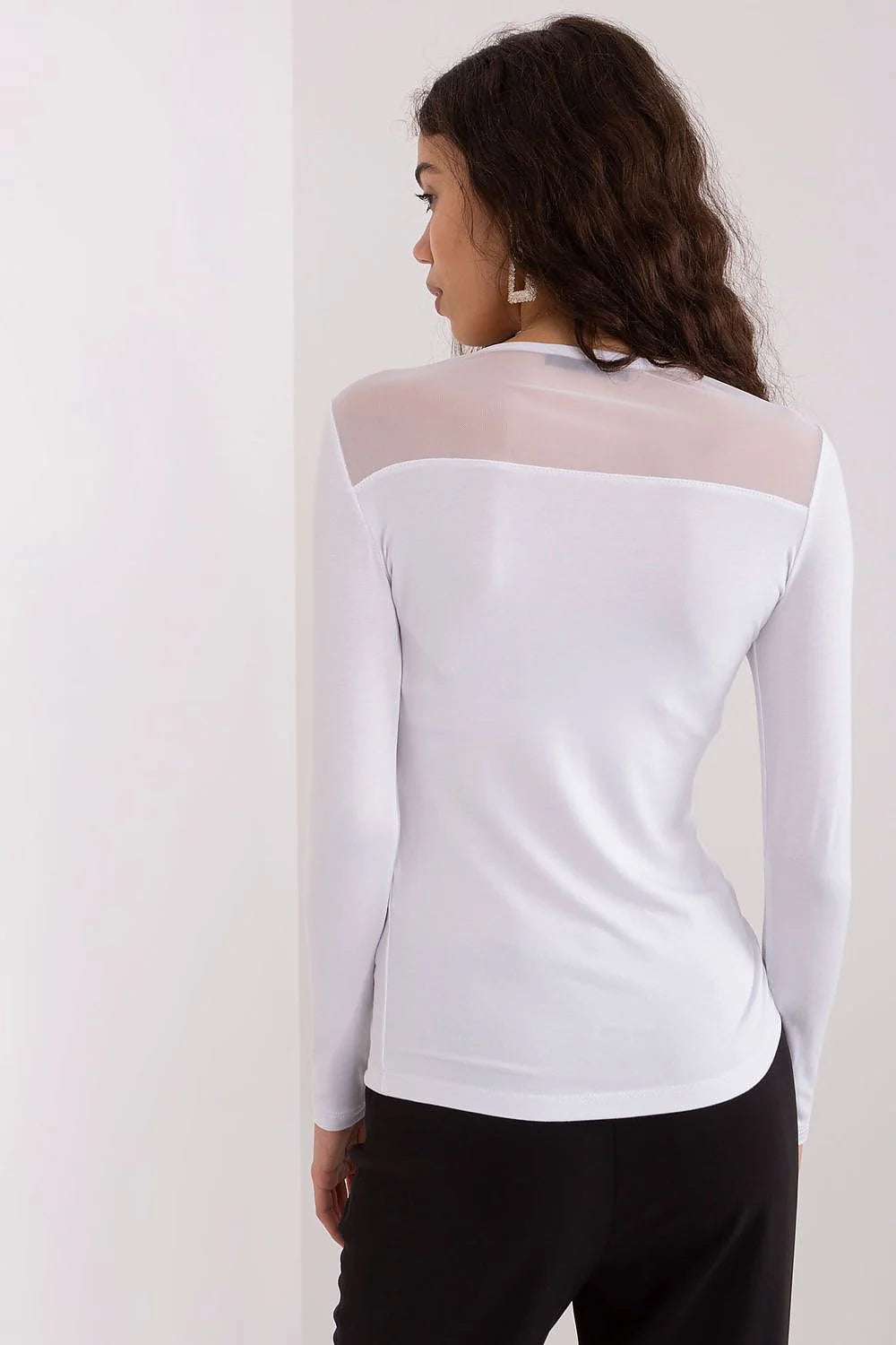Chemisier BFG visage moderne élégant ajusté manches longues encolure ronde tissu jersey maille transparente blanc femmes