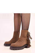 bottines talons épais confort élégant cuir suédé écologique marron western bohème franges décoratives bout rond zip latéral semelle crantée robuste
