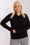 pull femme grande taille noir manches longues col V côtelé torsades bords côtes poignets ourlet coupe ajustée maille douce