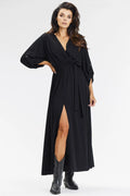 Robe longue en viscose noire style bohème chic manches longues en V croisé taille ajustable femmes