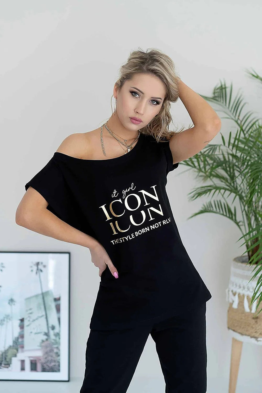 T-shirt femme coton oversize doré moderne chic épaule tombante casual élégant confortable quotidien