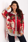 chemise tunique oversize manches longues col classique asymétrique dos prolongé imprimé floral aquarelle bordeaux vert olive bordures écriture