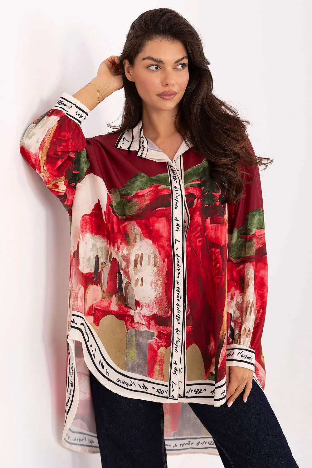 chemise tunique oversize manches longues col classique asymétrique dos prolongé imprimé floral aquarelle bordeaux vert olive bordures écriture