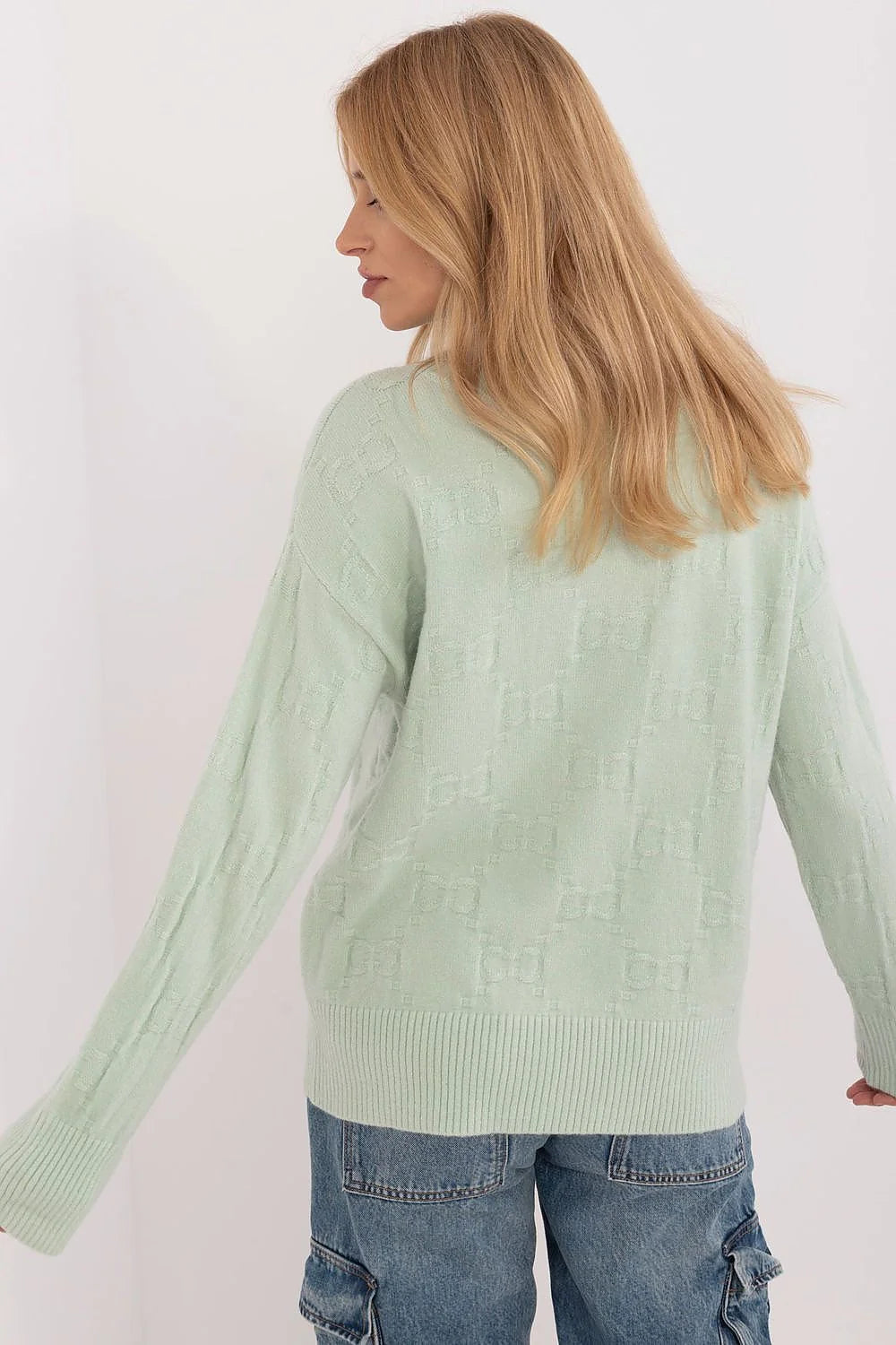pull col roulé vert menthe oversize maille côtelé manches longues épaules tombantes motif nœuds relief tricot chaud confortable