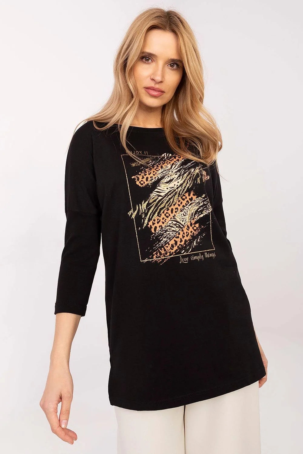 Chemisier Femme à Manches 3/4 en Coton Élasthanne, Coupe Allongée, Imprimé Animal, Taille Polyvalente, Confort Maximisé