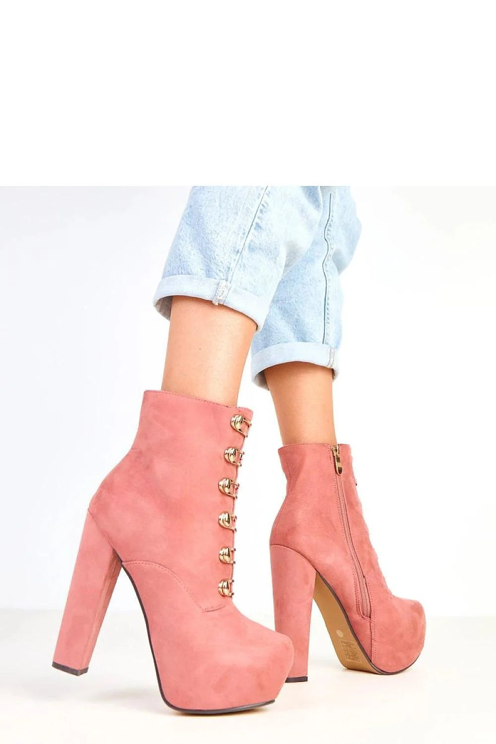 bottines talons pilier 15cm plateforme 4cm suédine rose poudré bout rond tige 12cm fermeture éclair latérale décorations dorées rétro chic
