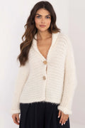 Cardigan femme élégant Och Bella en mohair crème coupe ample col V boutons bois longues manches été automne hiver