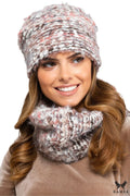 Ensemble Kamea pour Femme, Bonnet et Écharpe Snood en Maille Bouclée, Couleurs Chinées, Matière Élastique et Chaleureuse, Style Élégant et Confortable