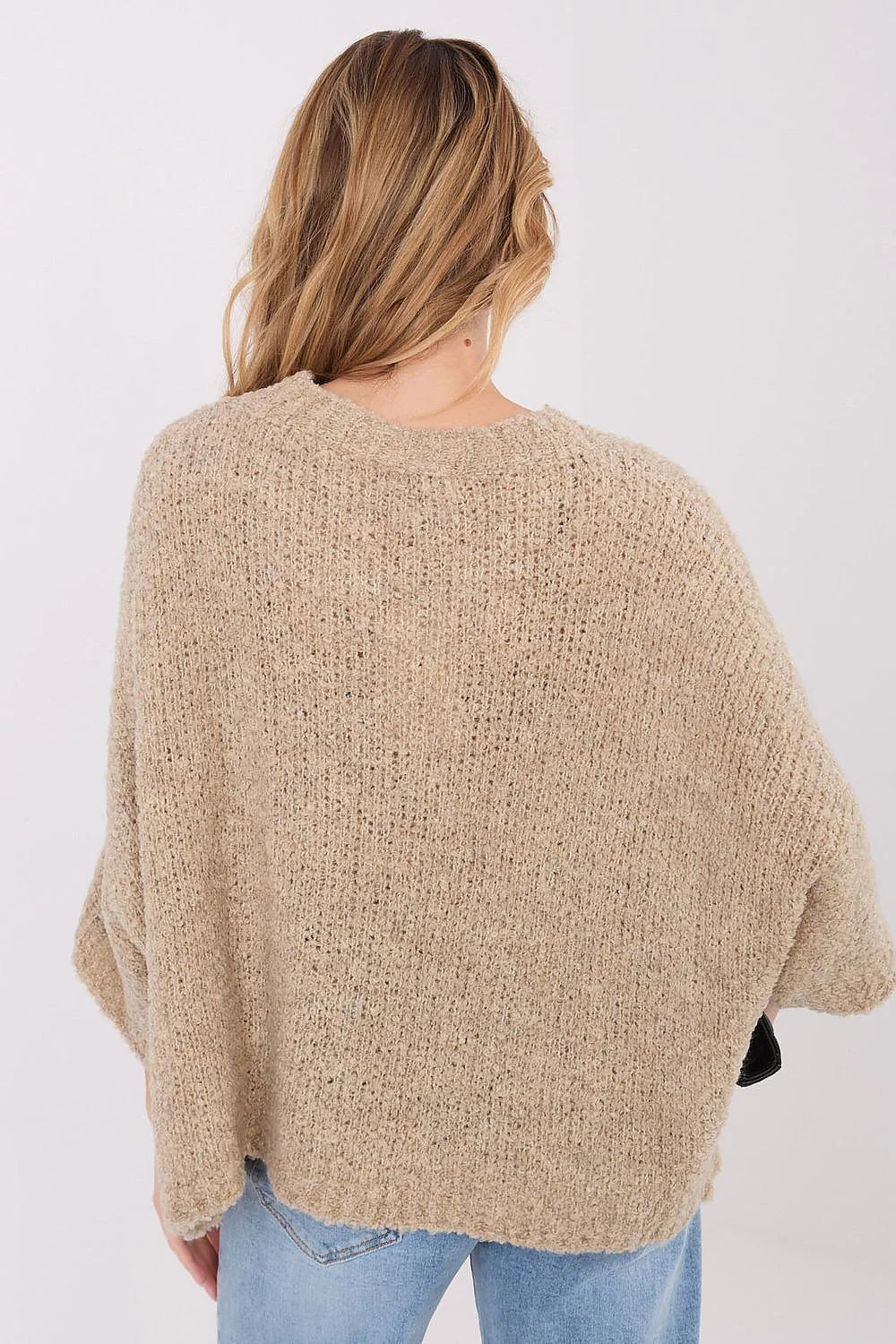 pull femme oversize maille bouclée beige sable coupe boxy col rond manches dolman longueur hanche fluide confortable chaud