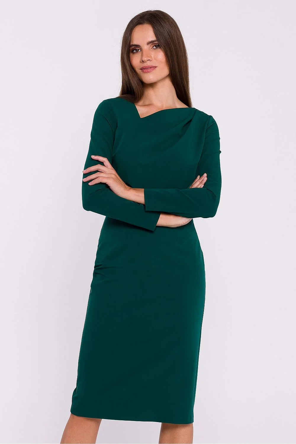 Robe élégante pour femme vert émeraude robe fourreau ajustée manches longues encolure asymétrique dos fendu polyester élasthanne