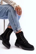 bottines femme suédine écologique noir tige mi mollet oeillets métalliques dorés fermeture zippée lacets bout arrondi contrefort renforcé
