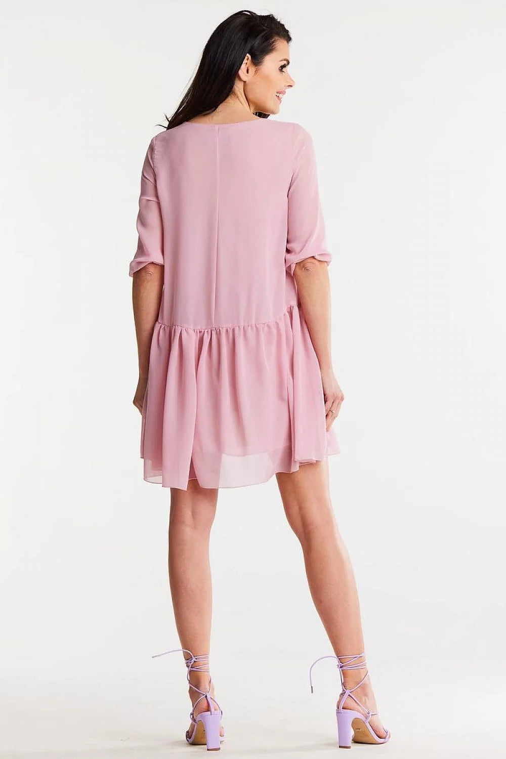 Robe de jour féminine ample en mousseline de soie manches 3/4 volant décoratif rose pâle taille ajustable