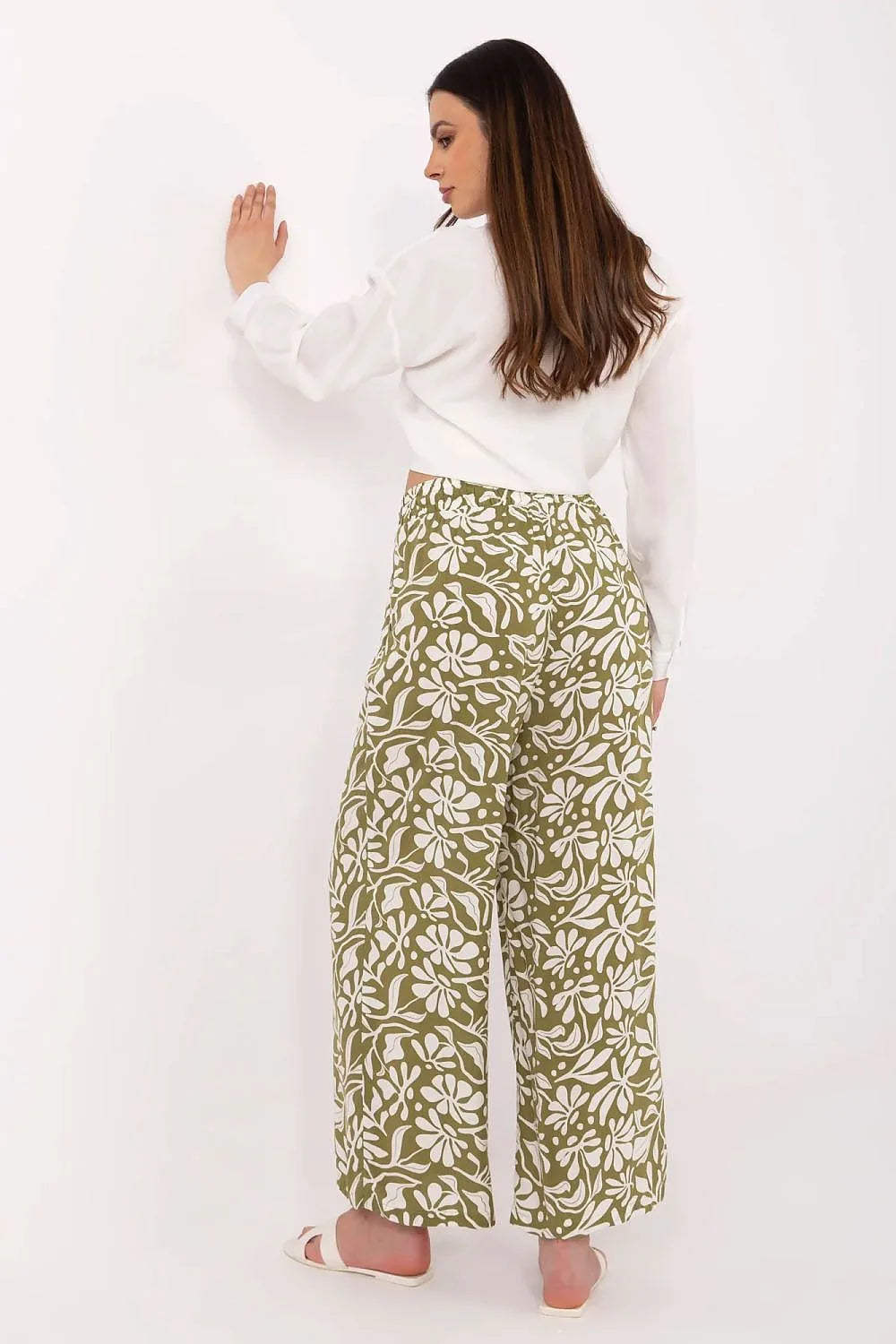 Pantalon femme décontracté viscose vert olive blanc taille haute coupe ample pantalon large imprimé floral abstrait