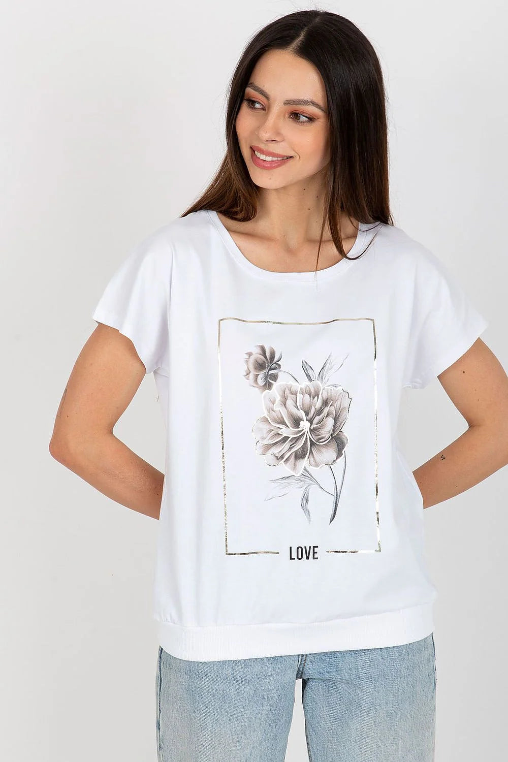 Chemisier femme design décontracté et élégant imprimé floral métallisé mot LOVE couleur blanche polyvalent et tendance