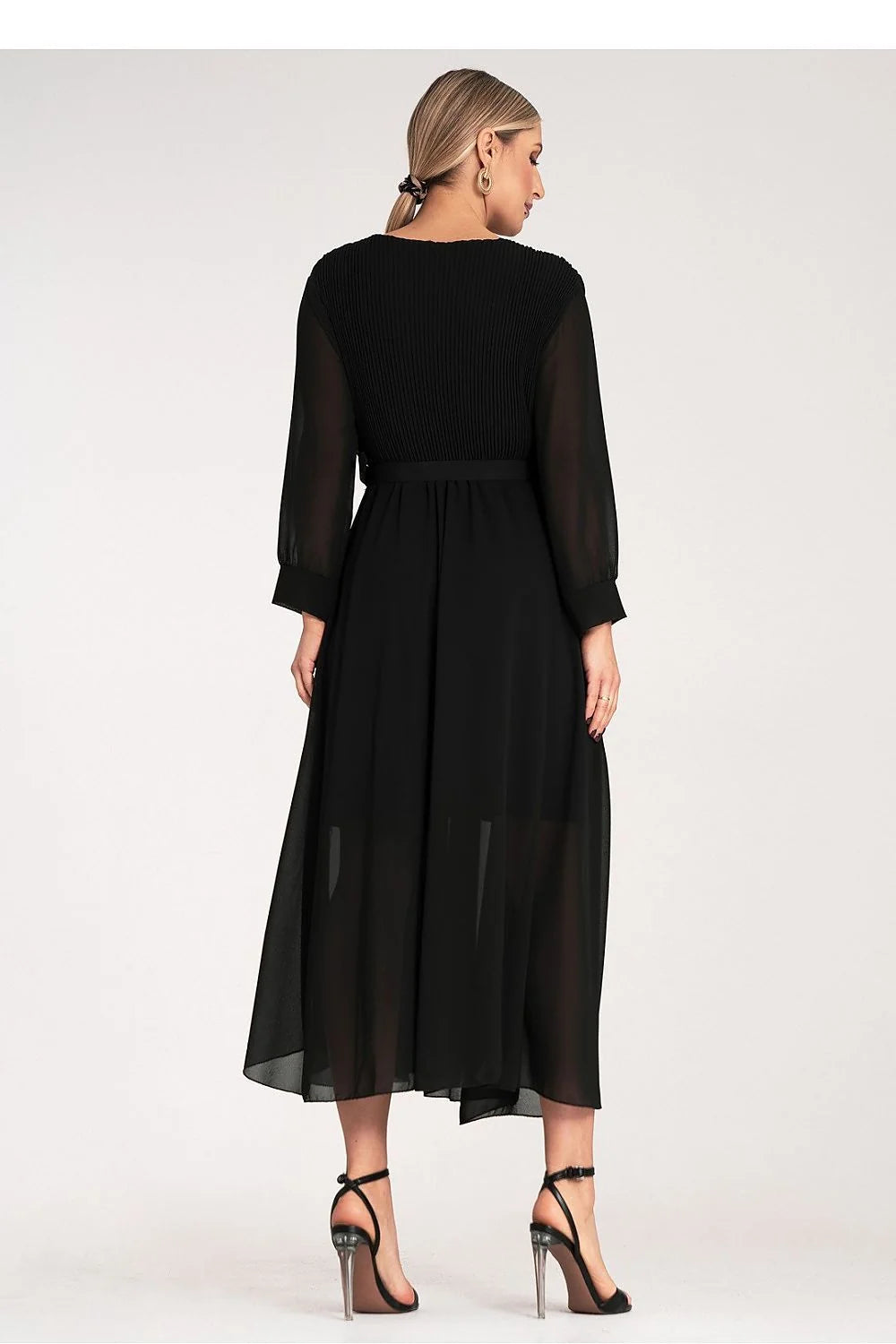 Robe de cocktail élégante longue manches longues en V croisé noire taille ajustable femme soirée