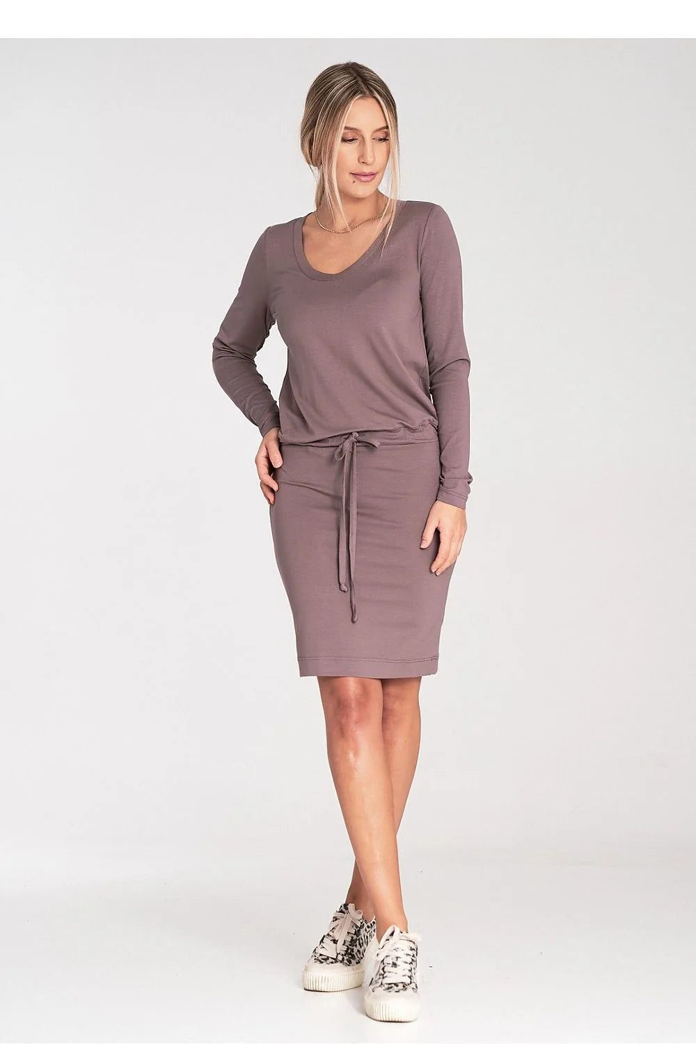 Robe de jour Figl femme taupe manches longues encolure V tailleur ajustable en viscose 5% élasthanne mode casual chic