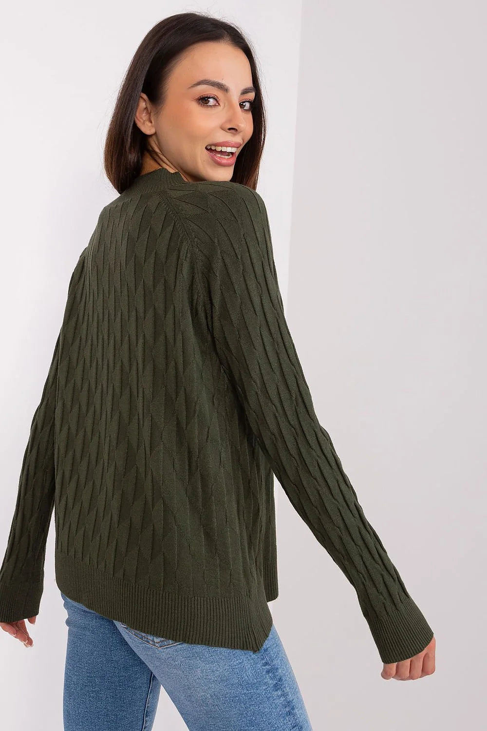 Pull femme élégant moderne design géométrique vert olive manches longues encolure ronde côtelé polyester confortable