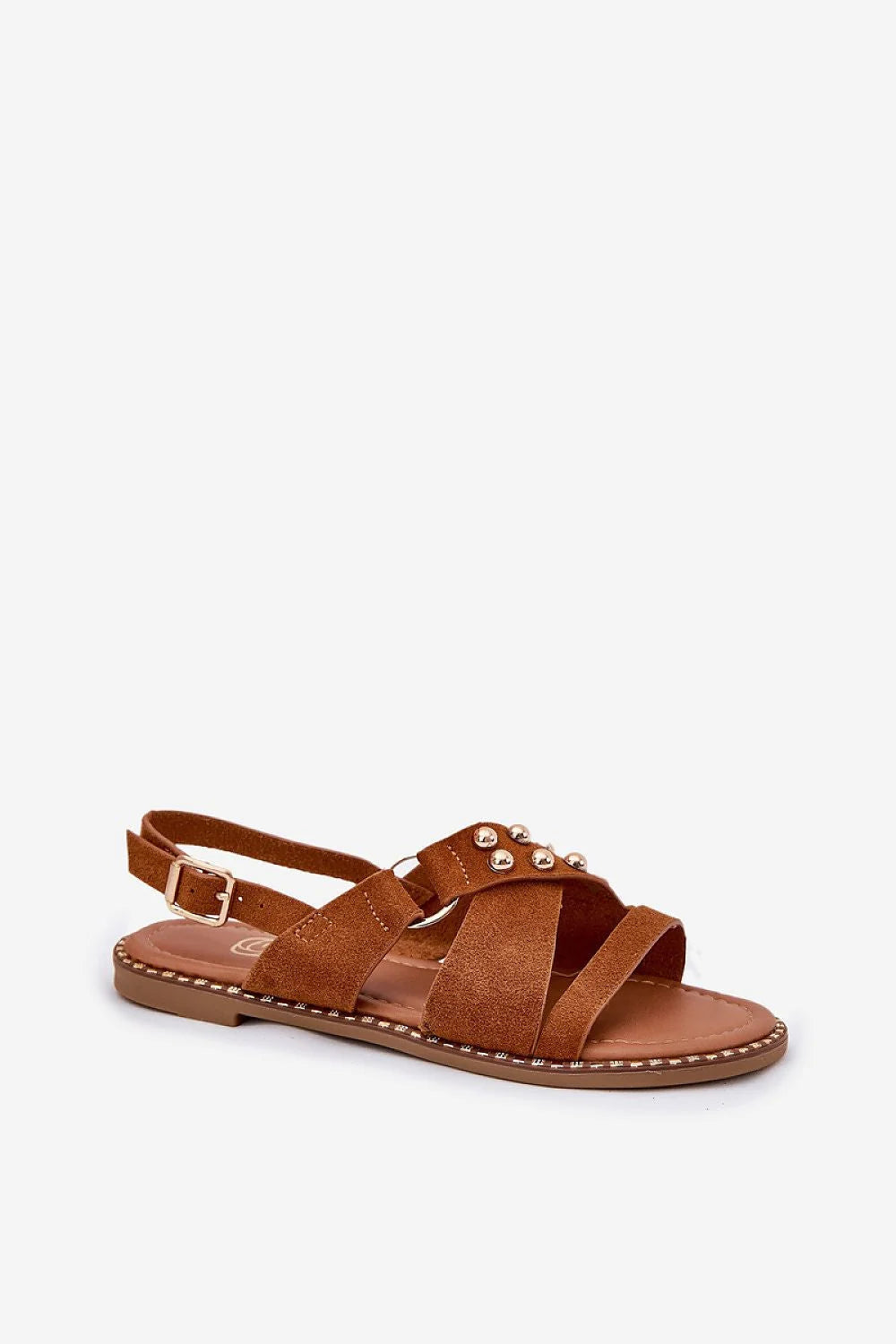 Sandales femmes design brides croisées clous dorés daim écologique confortable occasion estivale mode boho-chic talon plat ajustable