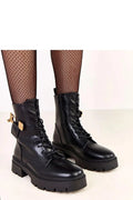 bottines femme cuir artificiel noir tige 17cm bout rond doublure chaude talon 5cm semelle crantée lacets fermetureeclair pendentif doré ours