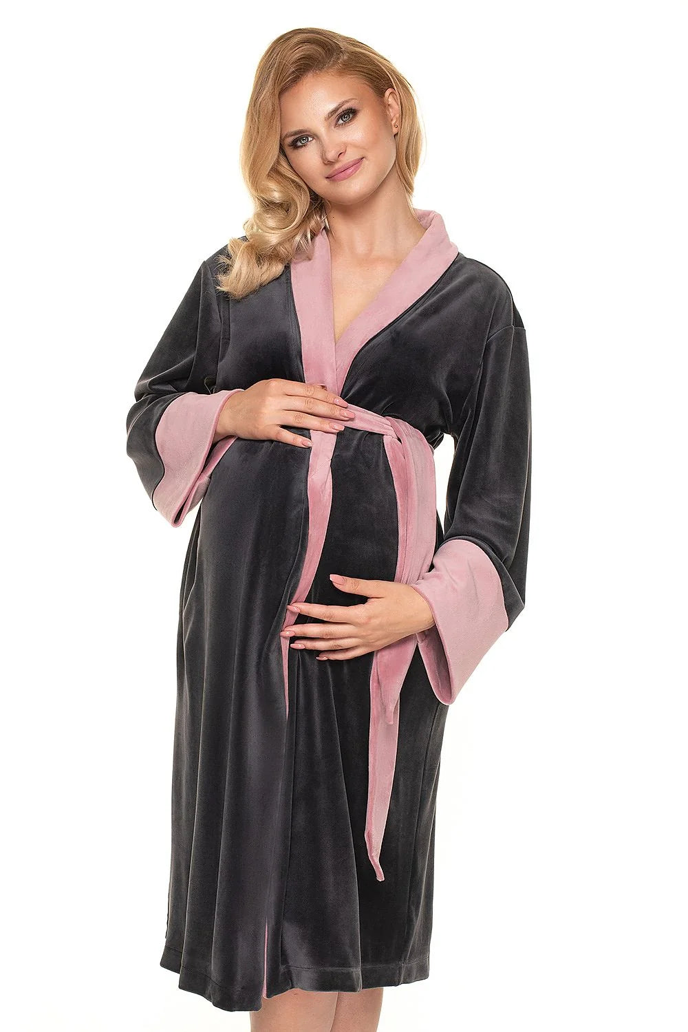 Peignoir maternité en velours doux, confortable, bleu clair, avec ceinture ajustable, pour futures mamans élégantes
