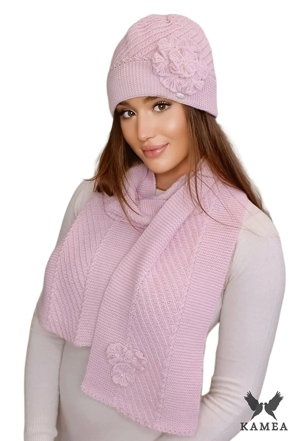 Ensemble Kamea pour femmes hiver rose bonnet écharpe floral tricot laine alpaga haute qualité doux confort style élégant
