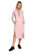 Robe de jour Moe style casual couleur rose pastel manches longues col rouleau poche kangourou femme