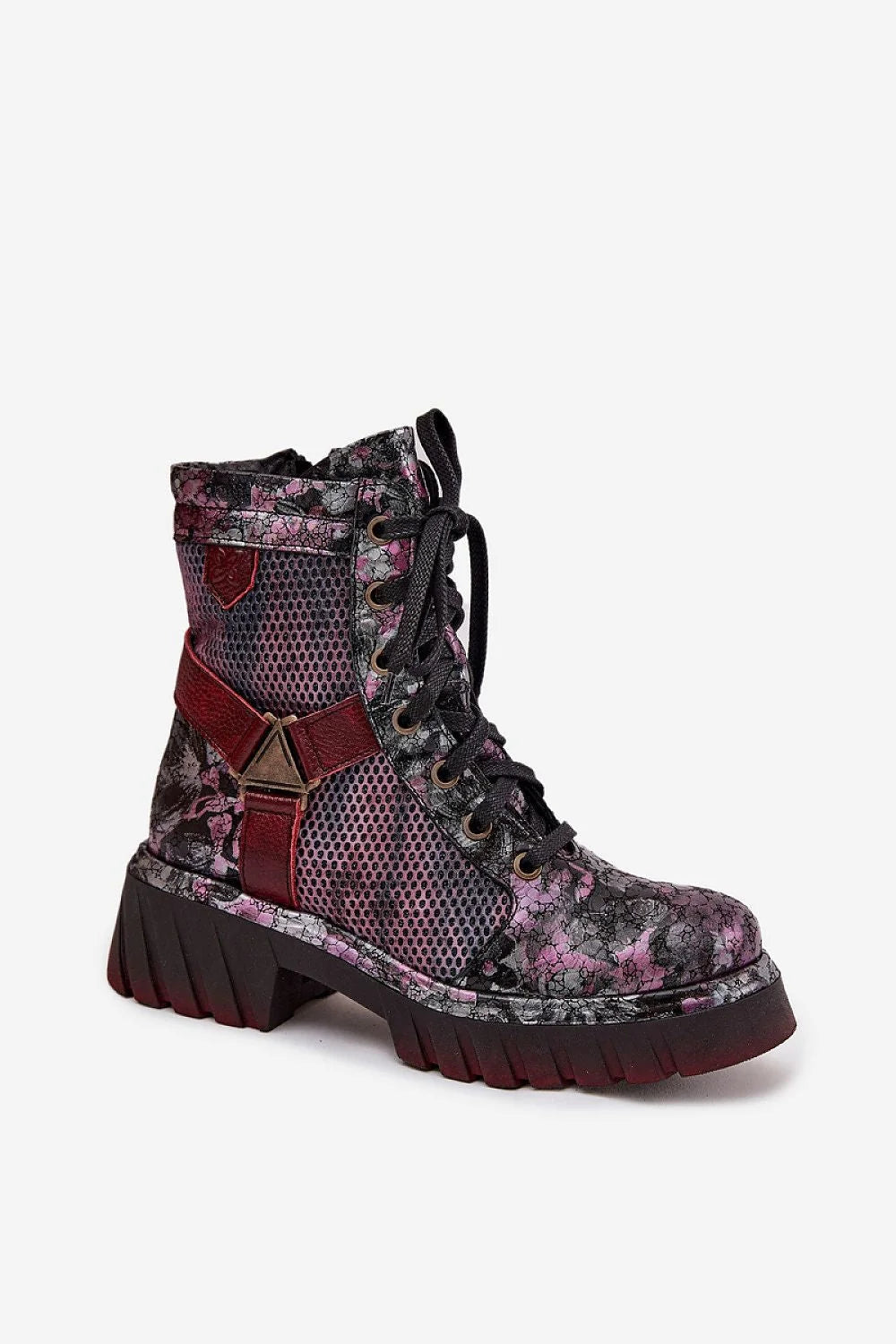 bottine montante cuir naturel craquelé noir rose mesh lacets fermeture éclair bride bordeaux semelle crantée plateforme talon plat