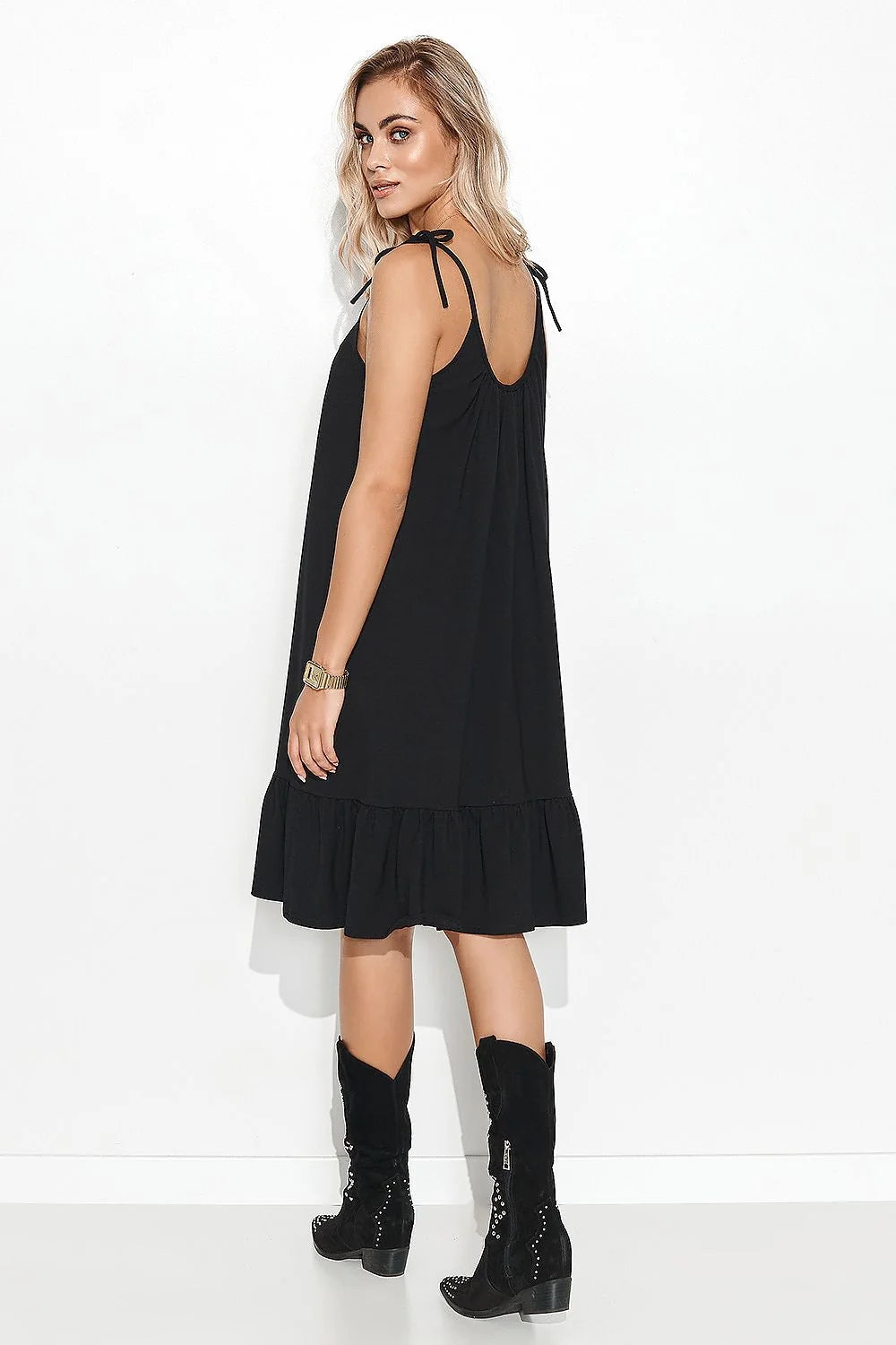 robe été courte trapèze bretelles fines nouées encolure froncée volant bas taupe jersey coton léger fluide poches latérales réglables confortable