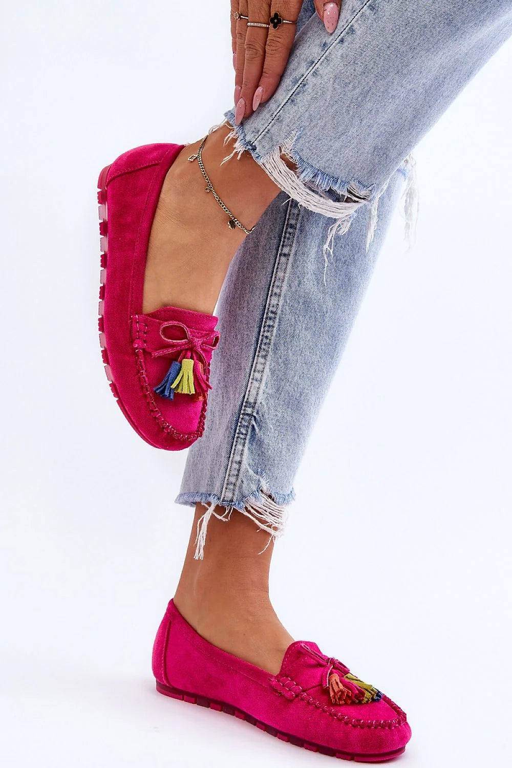 Mocassins femmes style classique couleur rose vif en daim éco-suede confortable avec plateforme 1 cm