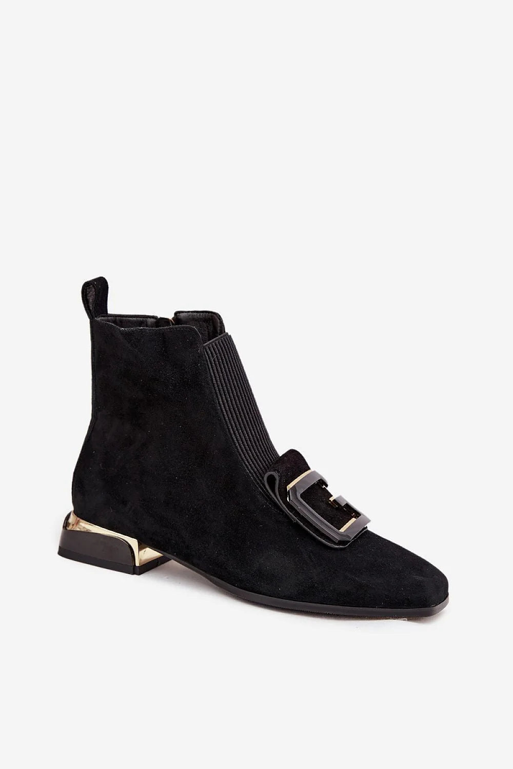 bottines femme daim suédé noir talon 3cm doublure chaude fermeture éclair latérale bout carré boucle rectangulaire dorée semelle fine chic
