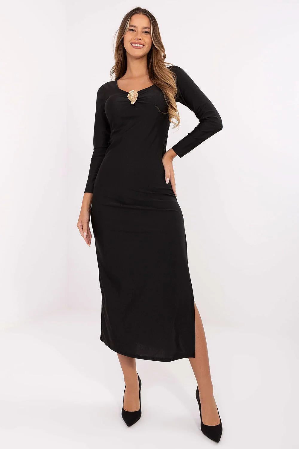 robe soirée crayon élégante sensuelle viscose polyester stretch moulante midi fente latérale profonde cuisse bonnets préformés décolleté V broche dorée