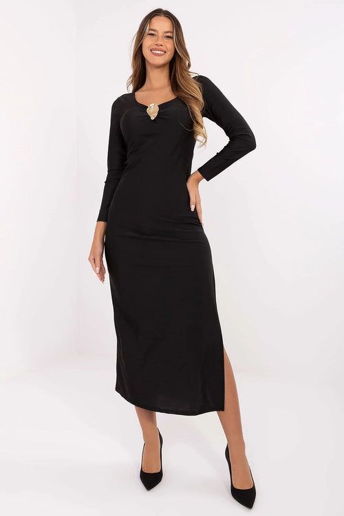 robe soirée crayon élégante sensuelle viscose polyester stretch moulante midi fente latérale profonde cuisse bonnets préformés décolleté V broche dorée