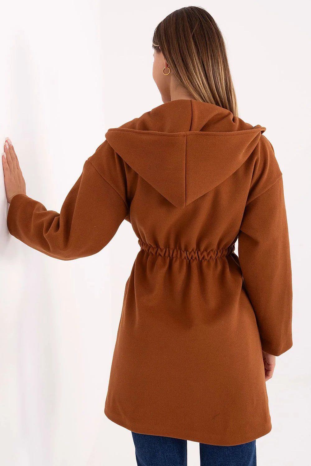 manteau femme mi long capuche effet laine polyester oversize ceinture nouée bouton fermeture poches latérales cognac feutré automne