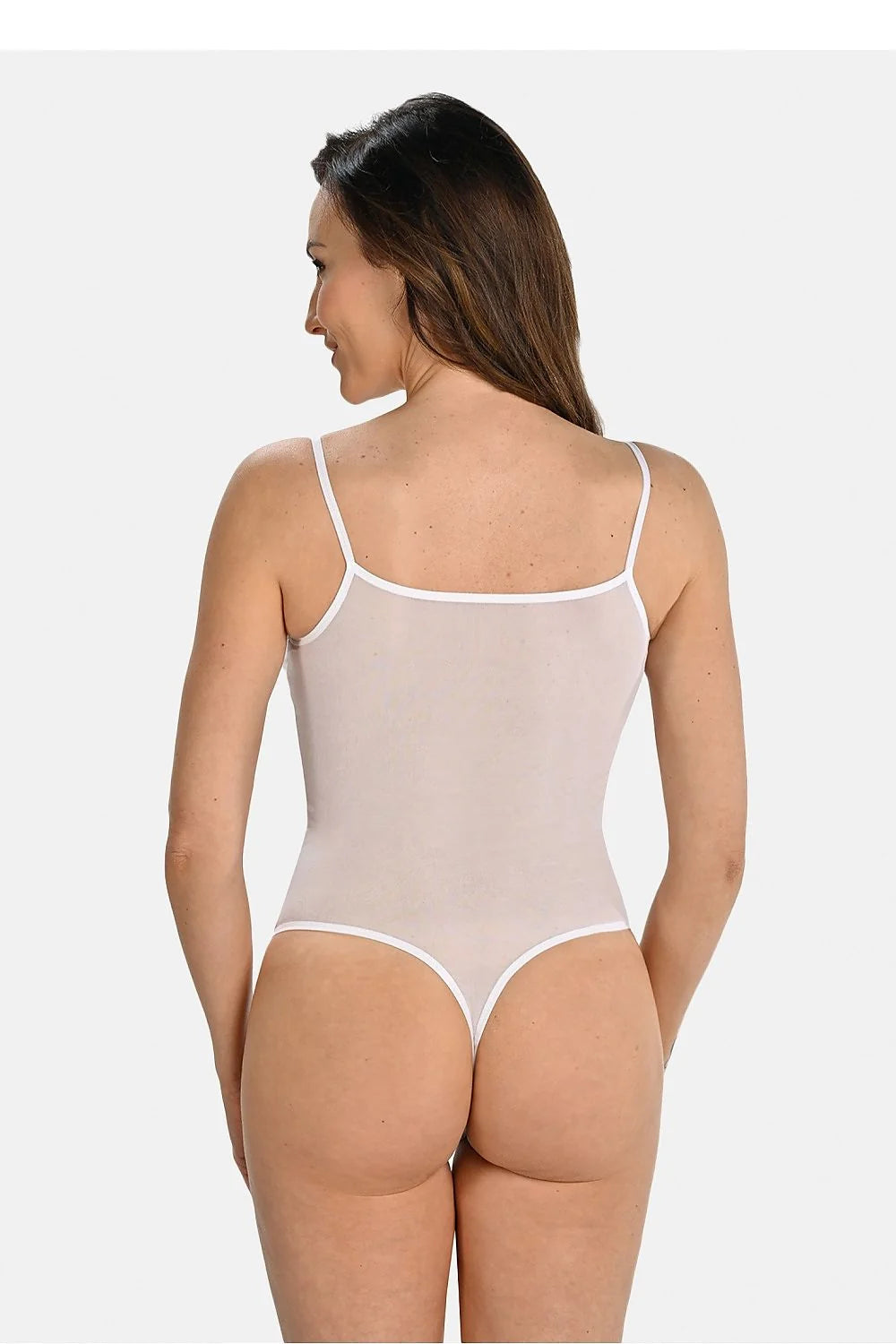 body Teyli femme minimaliste moderne maille blanche transparente moulante seconde peau bretelles fines ajustables stretch finition biais taille haute