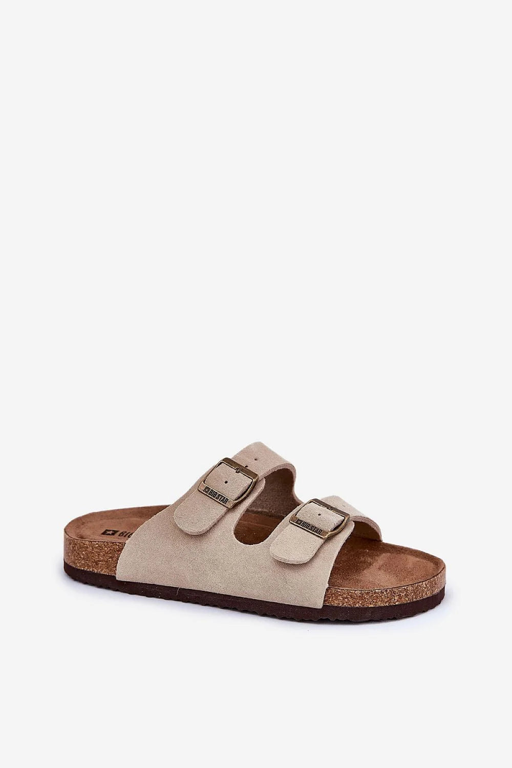 Sandales femme style décontracté deux brides suédine beige bronze confort liège semelle caoutchouc occasion estivale