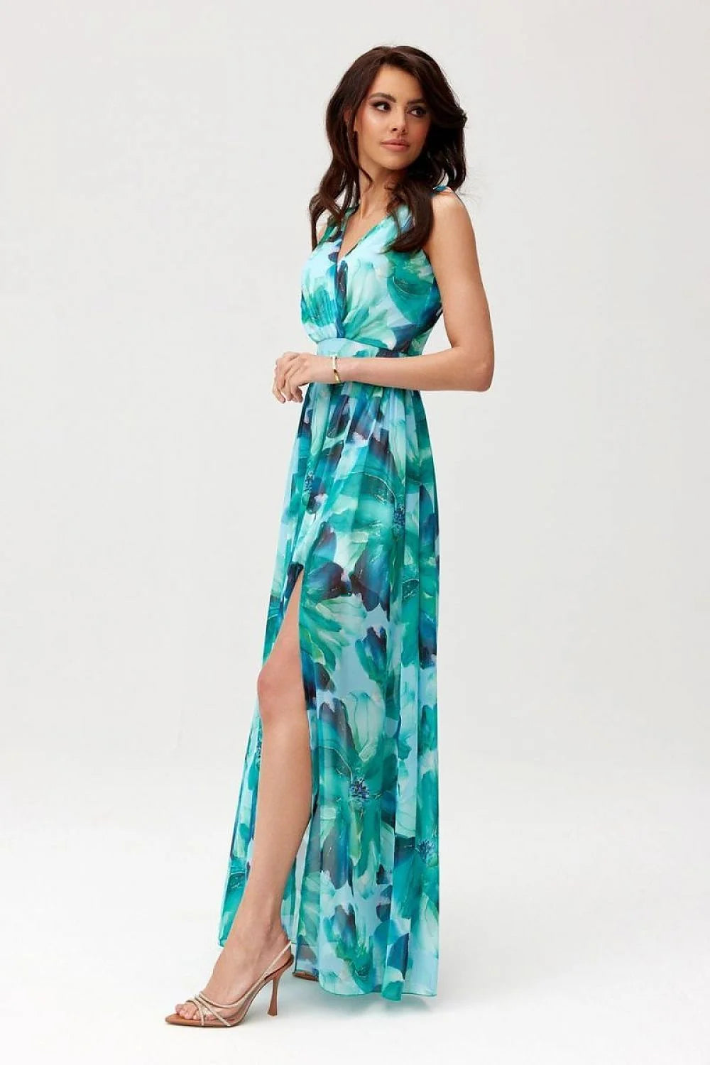 Robe de jour Roco Fashion longue sans manches en mousseline bleue turquoise verte dentelle noire taille ajustable femme